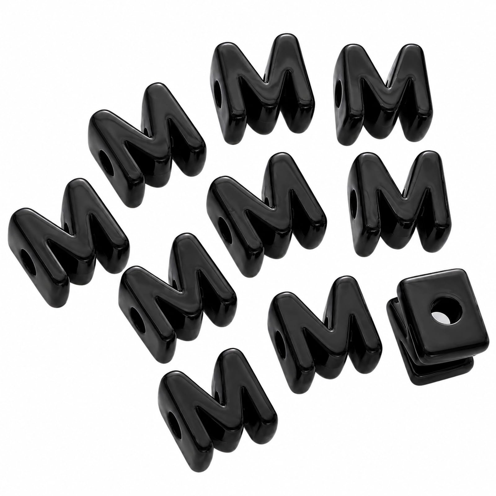Letter Beads, 10pcs Alphabet Beads, Large Acrylic Letter Beads with 6mm Holes for Bracelet Making, Jewellery, Keyrings and Craft Projects (Black, Letter M)