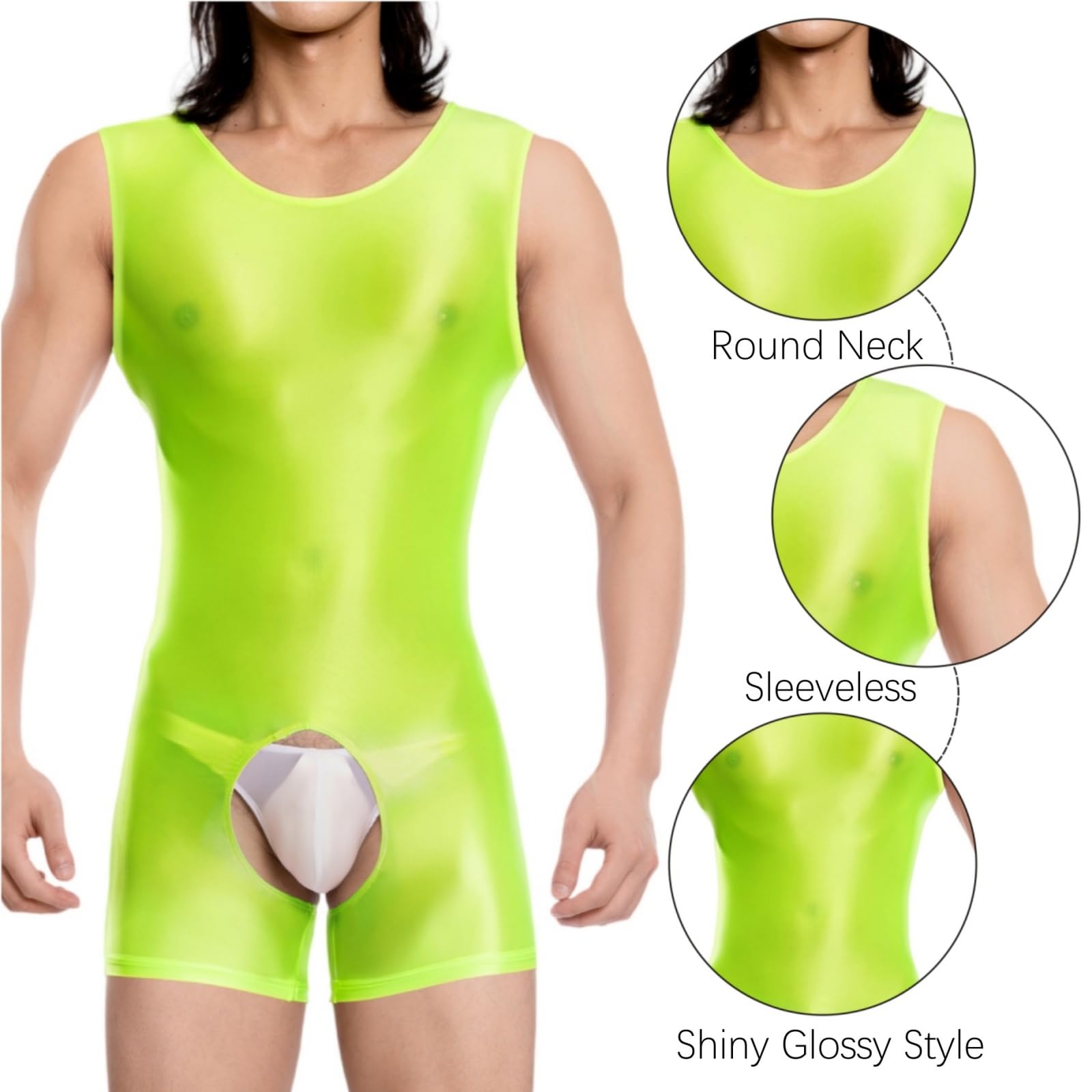 RuiChy Herren Glänzendes Body Armellos Fitness Overall Tank Top Shiny Rundhals Einteiliges Leotard Wrestling Singlet Unitard Freizeit Trainings Playsuit Festival Rave Nachtwäsche