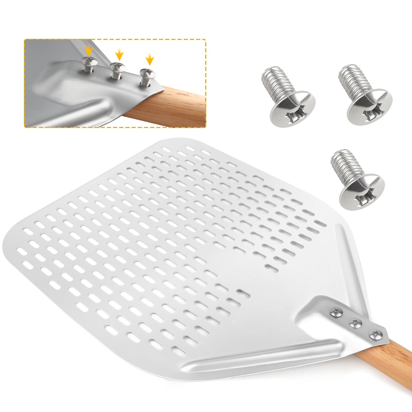 Łopatka do pizzy perforowana, okrągła, aluminiowa 12 cali, z wyjmowanym uchwytem, do grillowania, do gotowania, pizzy z drewnianym uchwytem