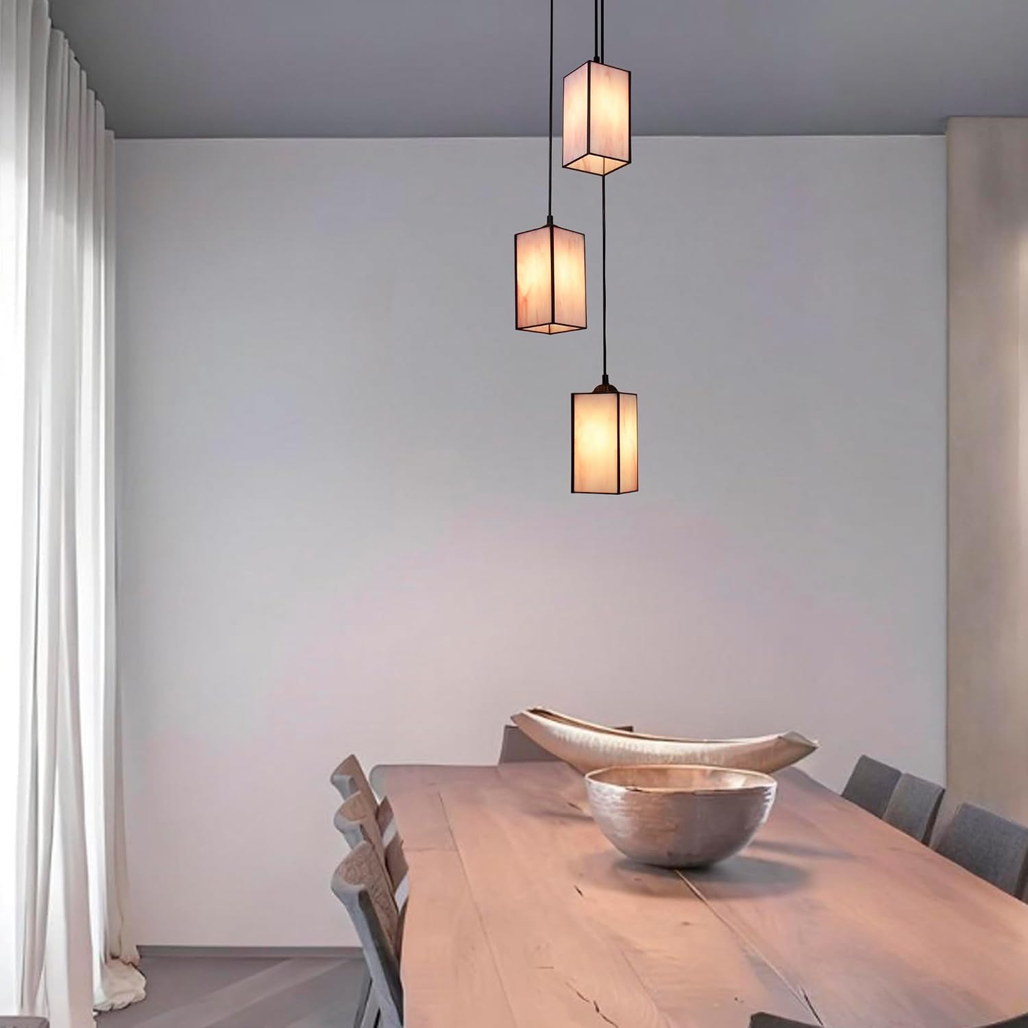 3-Light Tiffany Pendant Light Stained Glass Pink Adjustable Hanging Lamp for Ceiling Dinning Room, Bedroom,Hallway