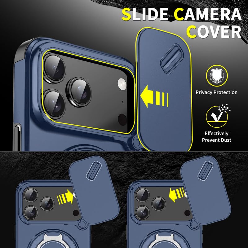 Image of LuxuryKase Shockproof Rugged Case for iPhone 17 Pro Max | Slide Camera Cover | 360 Rotating Ring Kickstand | Military-Grade Protection - Navy Blue
