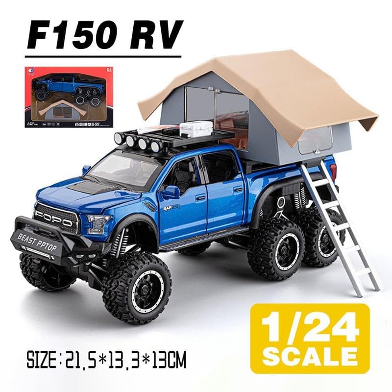 Image of VARIYA ENTERPRISE Exclusive Alloy Metal Pull Back Die-Cast Car Diecast Metal Pullback Toy Car with Openable 6 Doors,Light Music Boys Gifts Toys (1:24 Raptor F150 + Tent)
