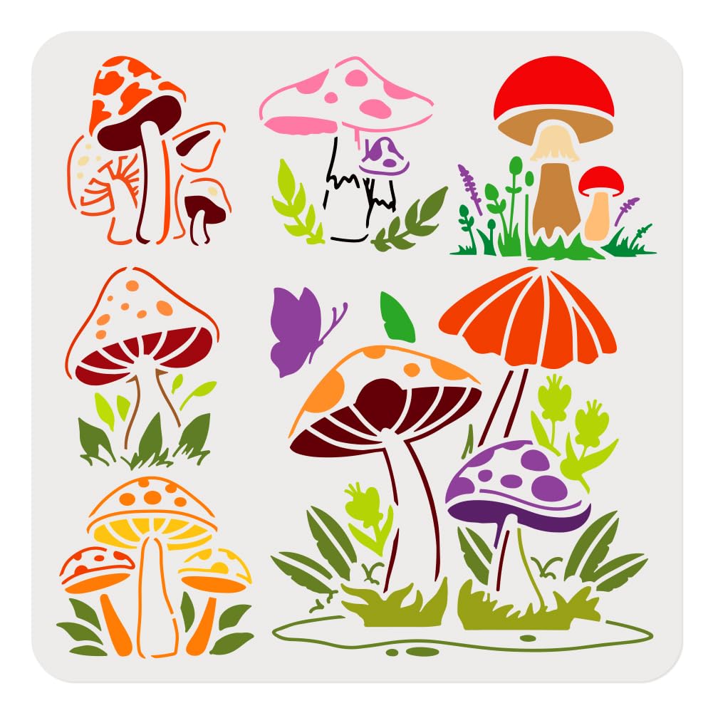 DOODLREAM Mushroom Stencil for Painting, 11.8"x11.8" Reusable Plastic Mushroom Stencil Drawing Template, Plant DIY Craft Paint Template for Wall Home Decor Wood Burning Card Canva Fabric Journal Paper