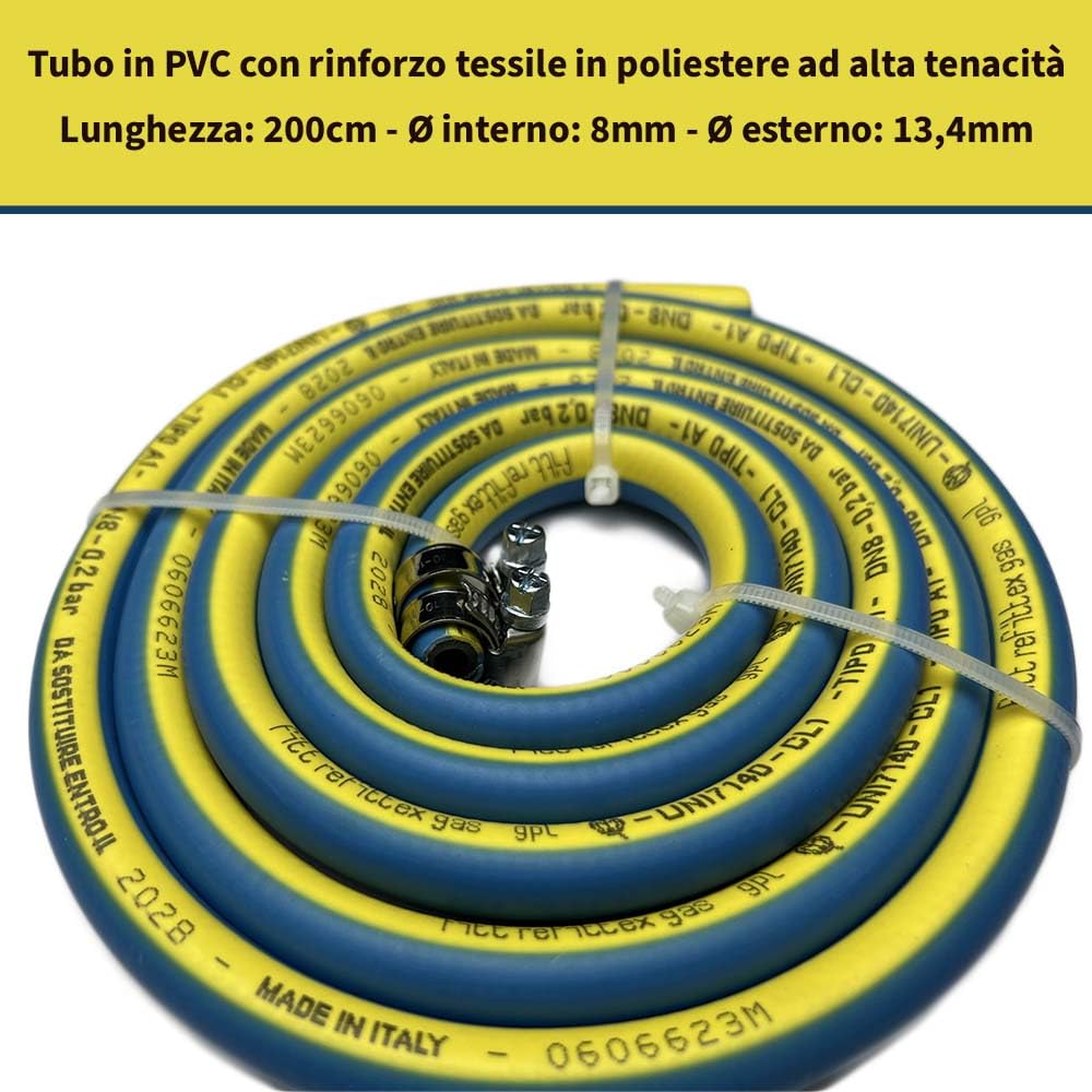 FERROELETTRA Kit Tubo flessibile per gas GPL in PVC - Ø8x13,4 mm, 2 m - Conforme alla normativa UNI7140 - Made in Italy