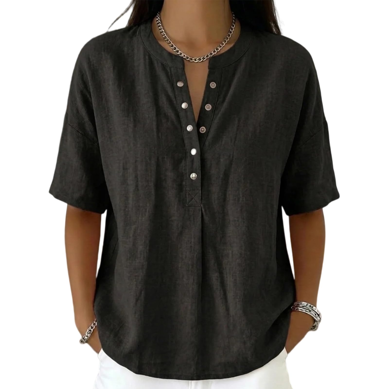 Women’s Casual Henley Collar Linen and Cotton Short-Sleeve Shirt Perfect For Laid-Back Days, Combines Comfort and Style