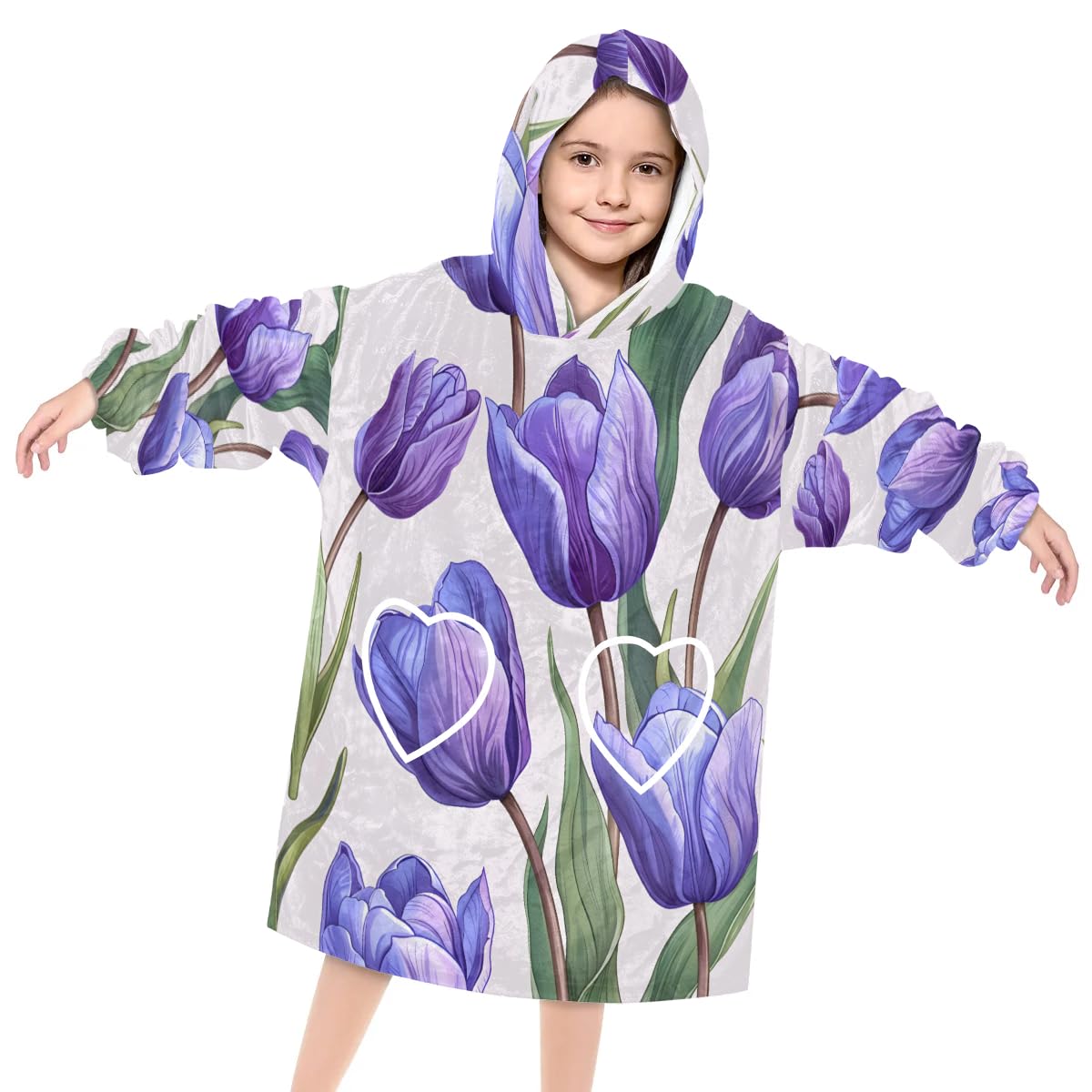 Pardick Wearable Blanket Hoodie for Kids, Retro Flowers Fleece Sweatshirt Blanket Oversized Blanket Sweatshirt with Pocket Flannel Warm Hooded Blanket 6-10 Year Old Girl Boy Gift, One Size