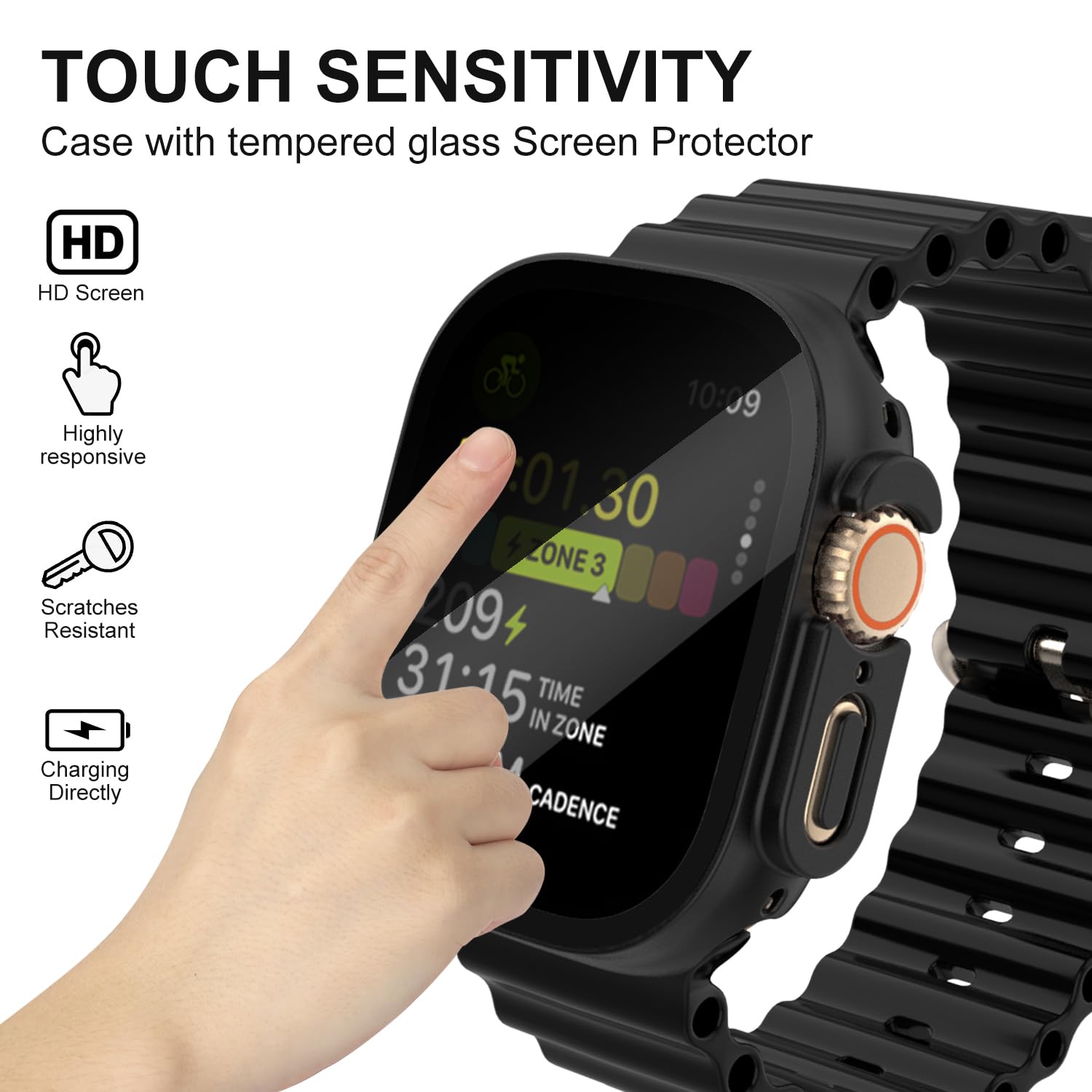 AOKUTDA Confezione da 3 custodie compatibili con Apple Watch Ultra 2/Ultra da 49 mm, protezione dello schermo in vetro temperato anti spia a 30°, copertura ultra sottile e completa, per accessori