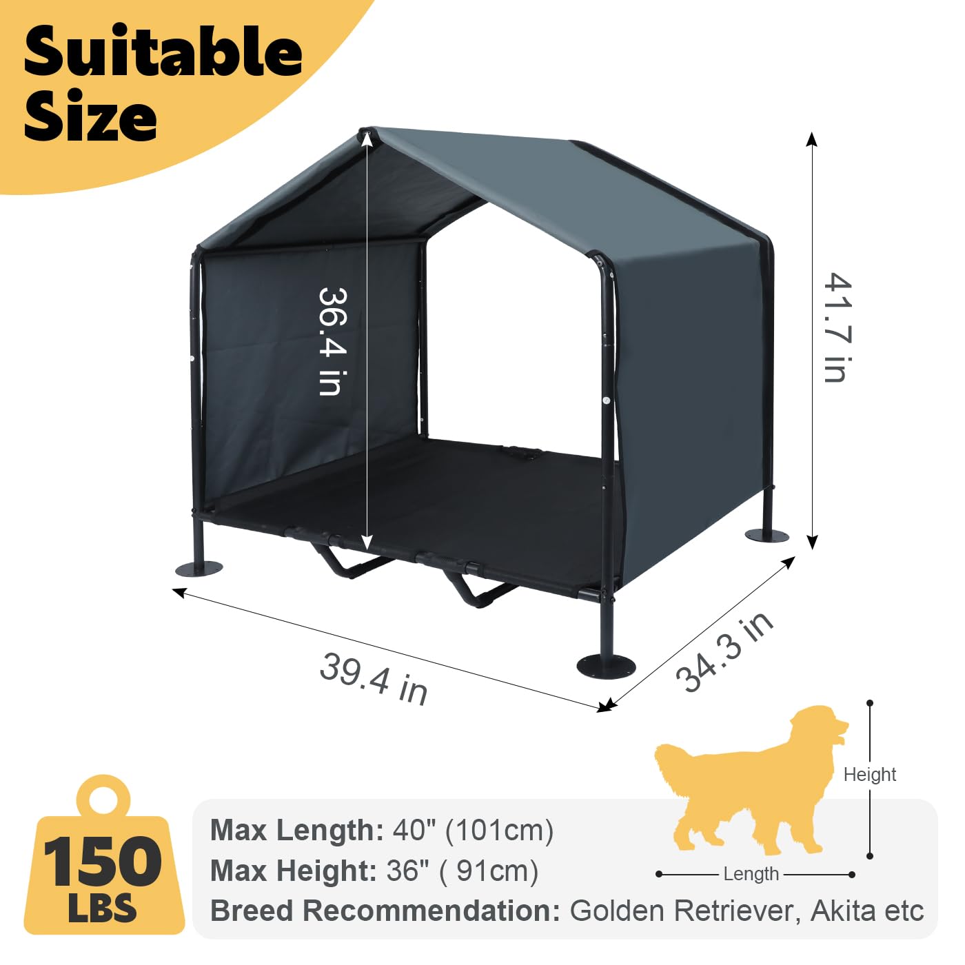 Refugio para perros al aire libre con cama elevada, pantalla grande para perros exteriores, casa 2 en 1 resistente a la intemperie para perros grandes, 39 pulgadas de largo x 34 pulgadas de ancho x 41