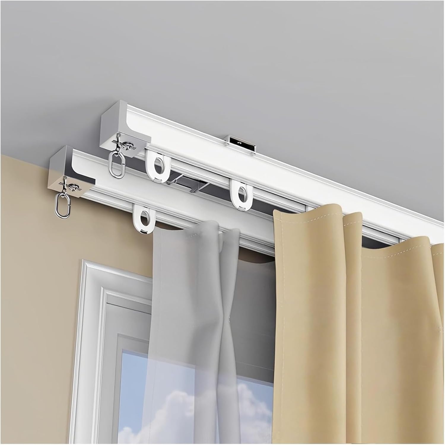 0.7-6.0m Aluminium Curtain Rod, Sliding Curtain Rail for Living Room -Ceiling Mount Curtain Track Set Comes with Track, Roller, Installation Hardware(White,16.1FT/490CM)
