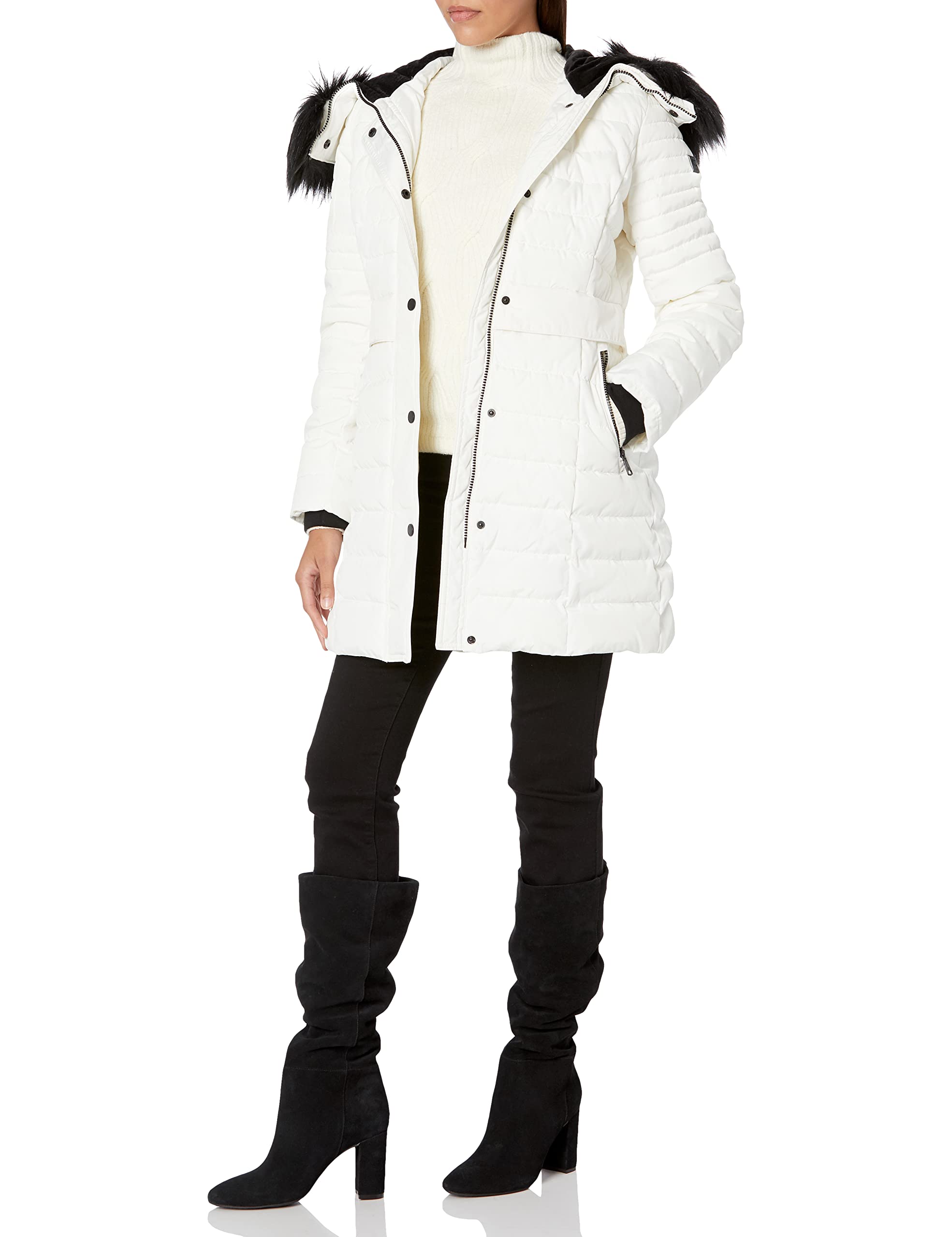Kenneth ColeWomen's Waist Detail Faux Fur Trim Puffer