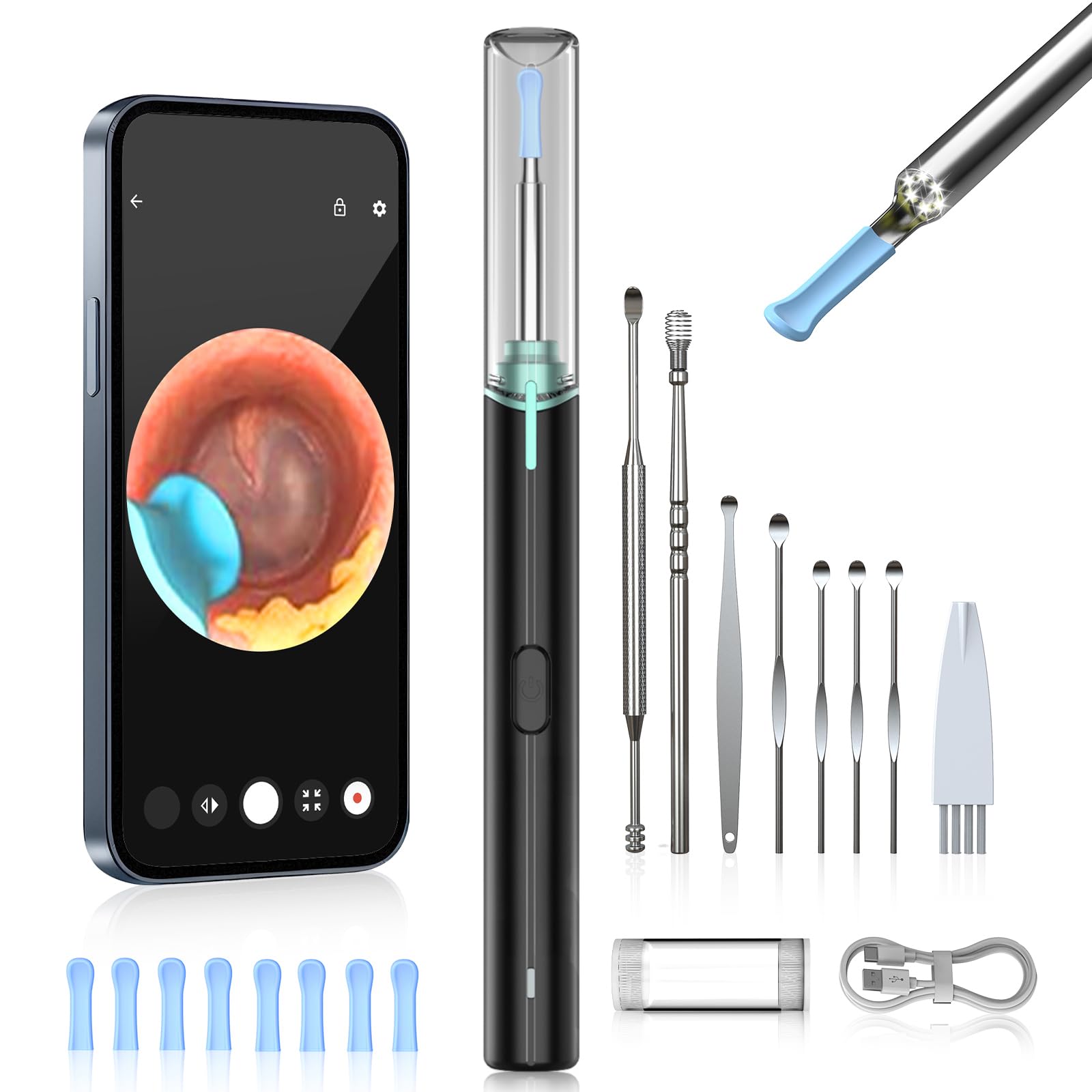 Ohrenschmalz Entferner, 1920P HD Ohrenreiniger mit Kamera, Ohrreiniger | Otoskop, 2 Jahre Garantie, IP67 Waterproof, 8 Ersatzaufsatze, Kompatibel mit Android-Smartphones, iPhones und iPads