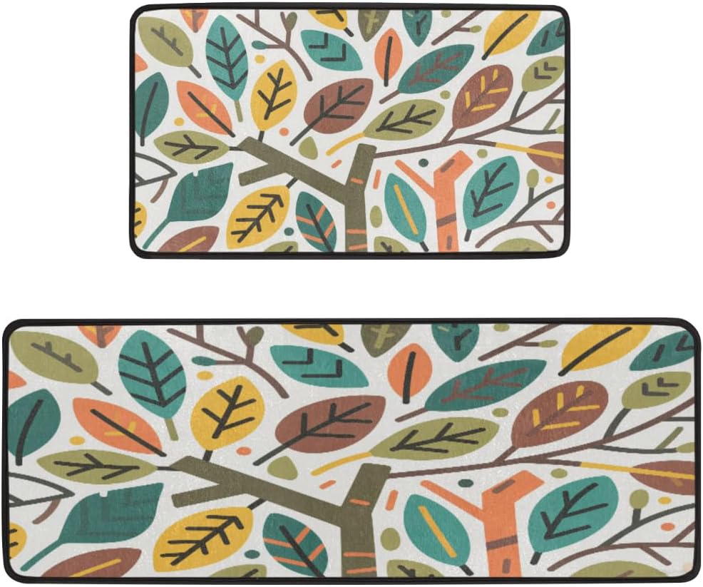 Anti Fatigue Autumn Tree Pattern Kitchen Mats for Floor 2 Piece Set, Waterproof Non Slip Boho Kitchen Floor Rugs, Comfort Standing Mat for Sink Laundry & Home Kitchen 17"x47"+17"x29"