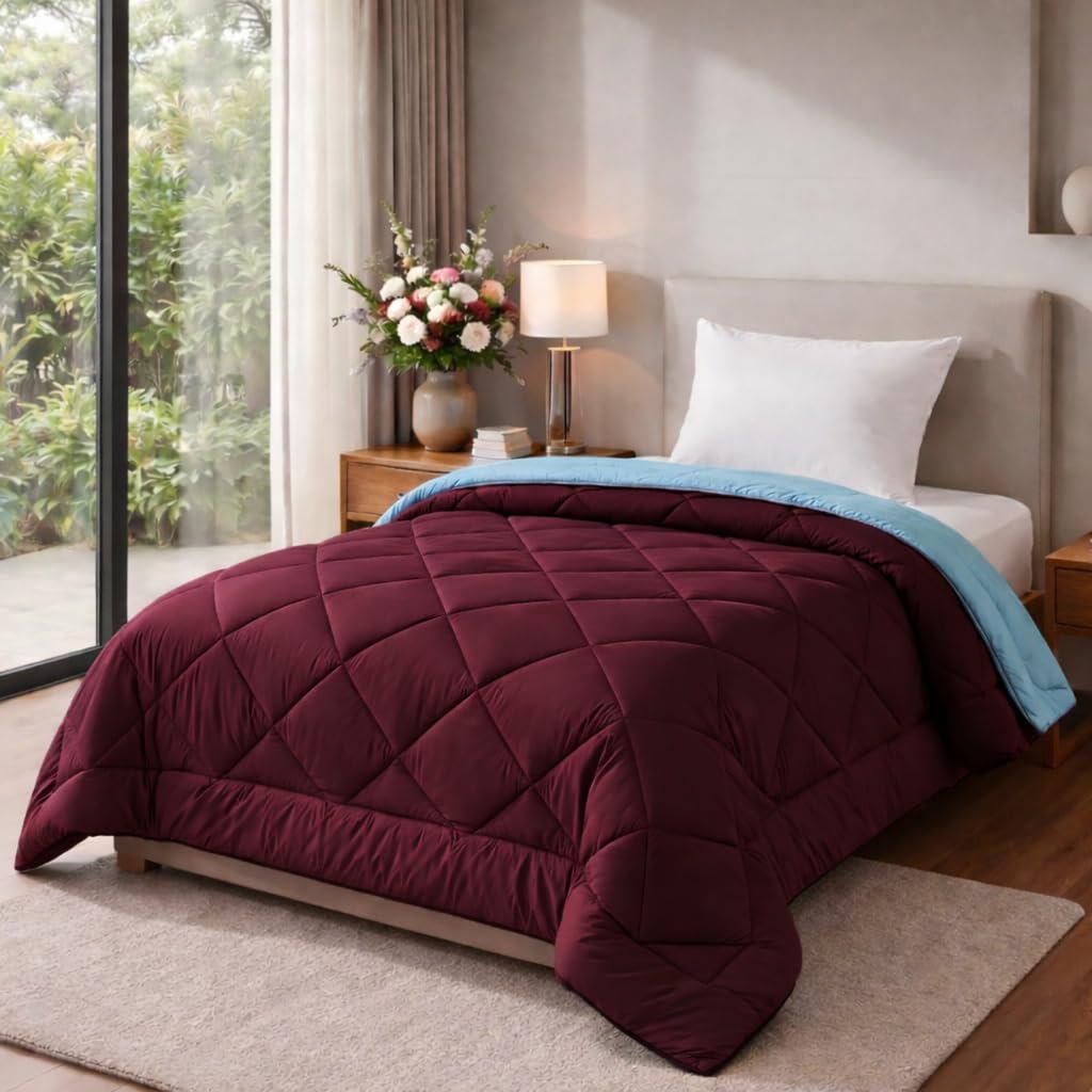 220 GSM Microfiber Reversible Comforter for Single Bed,Ultra Soft, Skin-Friendly & Hypoallergenic Solid Blanket|Lightweight Cozy & Machine Washable (Maroon & Grey)-image-5