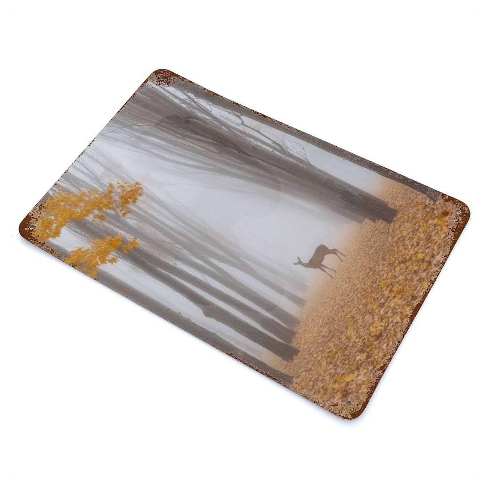 Deer in Foggy Forest 11.8"x7.9" Distressed Metal Wall Sign, Industrial Home Decor for Patio, Garden Room And Bar Decor