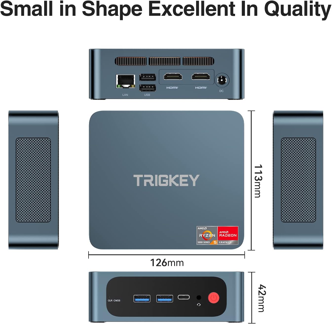 Dimensions of the TRIGKEY S5 Mini PC and WiFi 6 capability.