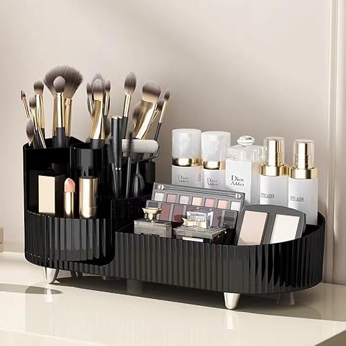 Organizador de maquillaje para tocador, organizador de maquillaje giratorio de 360 con soporte para pinceles, gran capacidad para cosméticos,