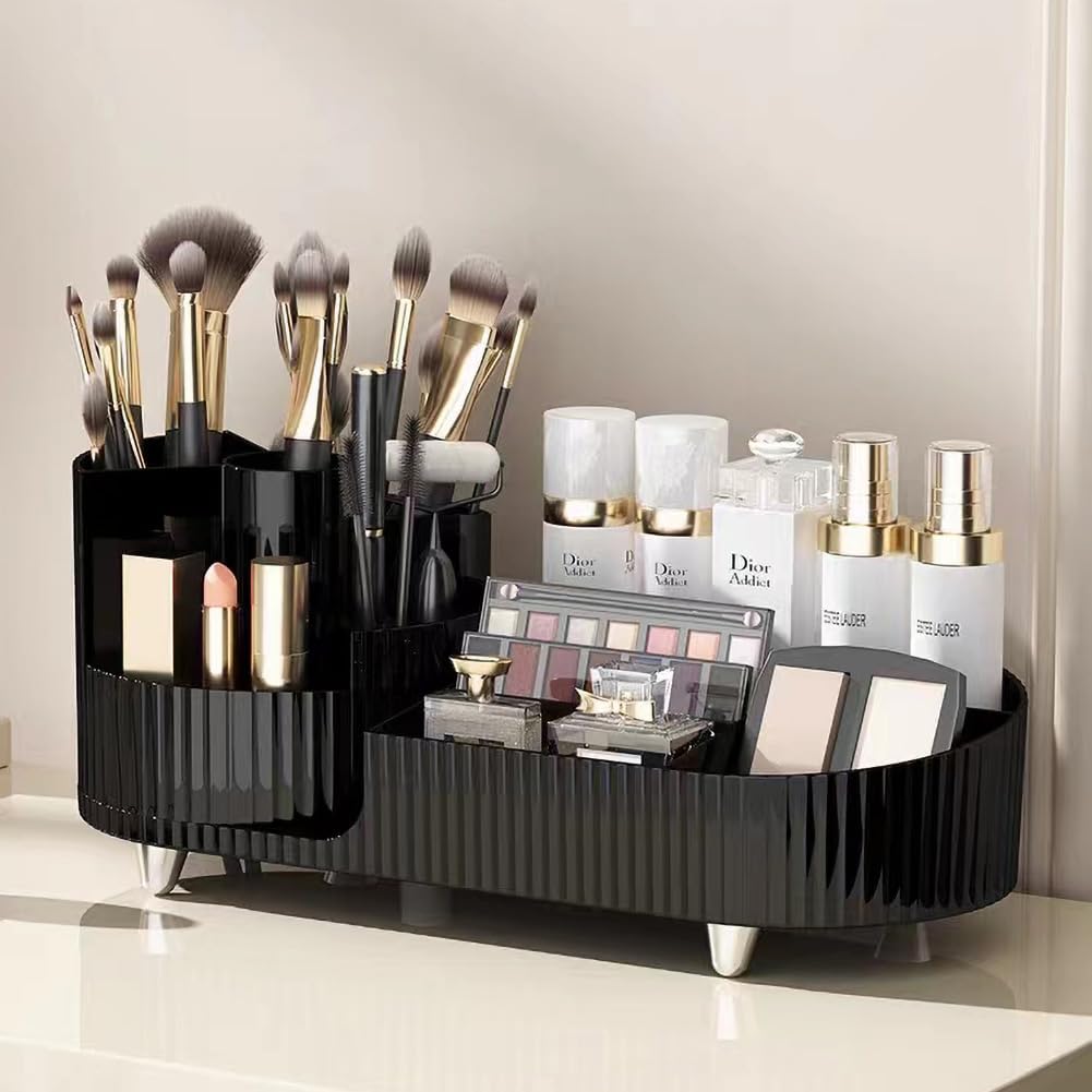 Makeup Organizer for Vanity, 360° Rotating Countertop Makeup Organizer with Brush Holder, Large Capacity for Cosmetics, Skincare, Perfumes -Black