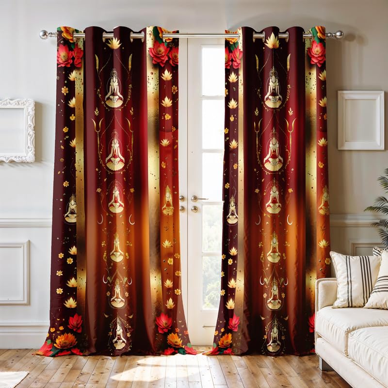 Image of Ultimate Trends Festival Themed Light Filtering Polyester Curtain Diya, Lantern, Lotus & Fireworks Print | Ideal for Diwali, Pooja Room, Living Room Dcor | Eyelets|, 5 FEET (Pack of 2)