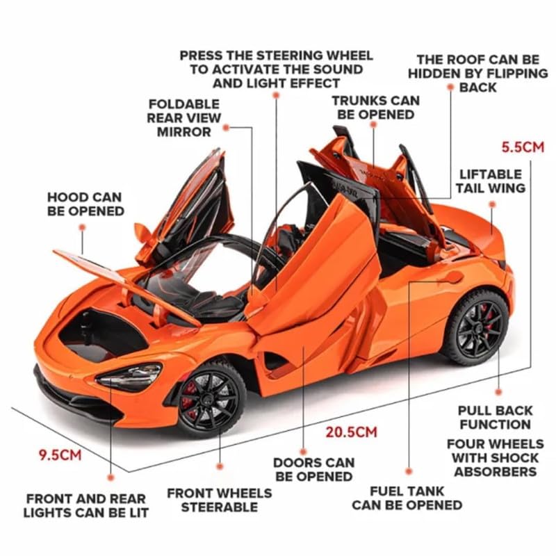 Image of Model 1:24 Mclaren 720 Model Alloy Metal Pull Back Die-cast Car Openable Doors with Sound and Light Vehicle Car Toy for Kids - Multicolor