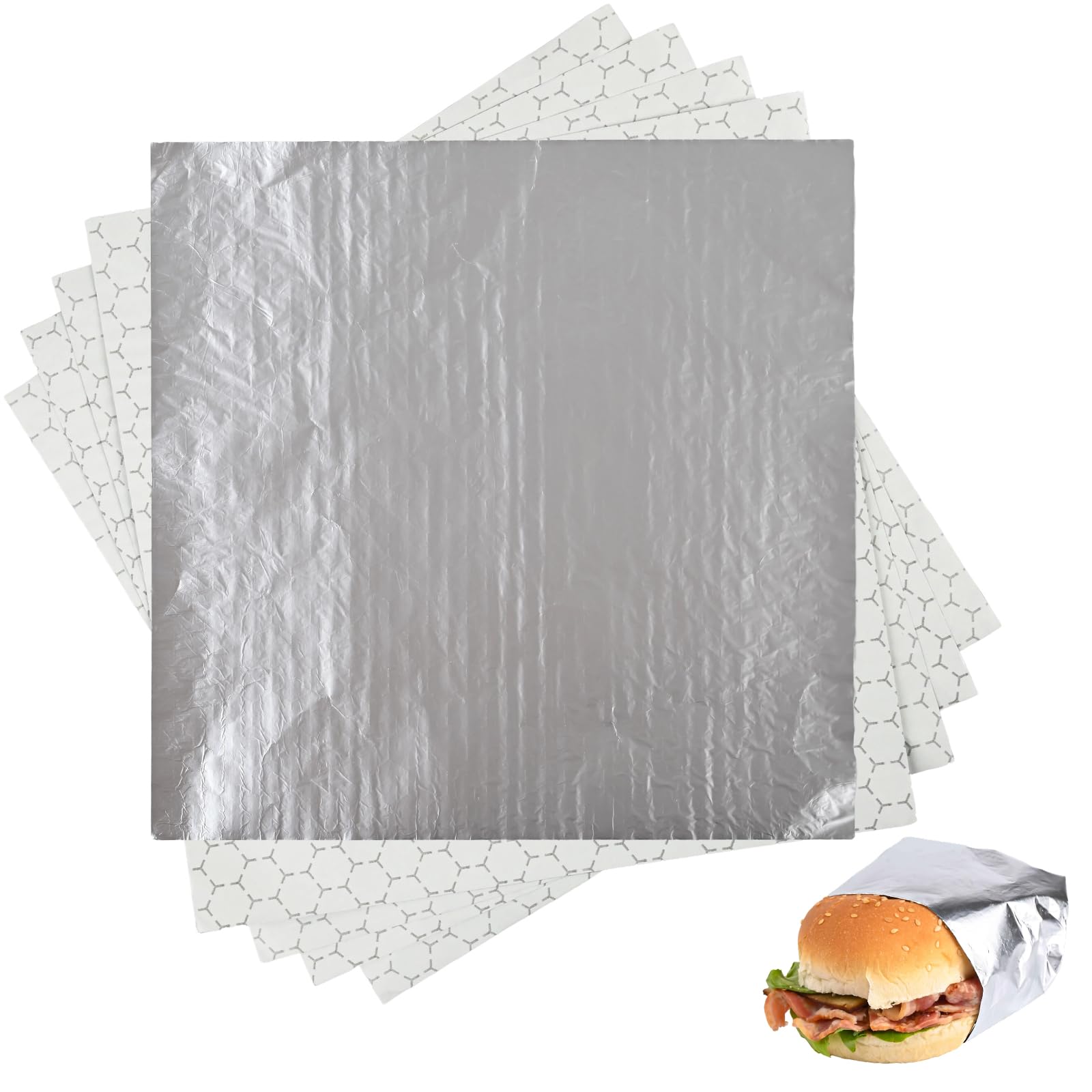 500 Pack Premium Insulated Foil Sandwich Wrap Sheets, 12"x12" Pre-Cut Foil Paper for Hot Dogs, Burgers, Burritos, Food Wrapping, Grease-Resistant and Waterproof, Heat & Cold Insulation for Freshness