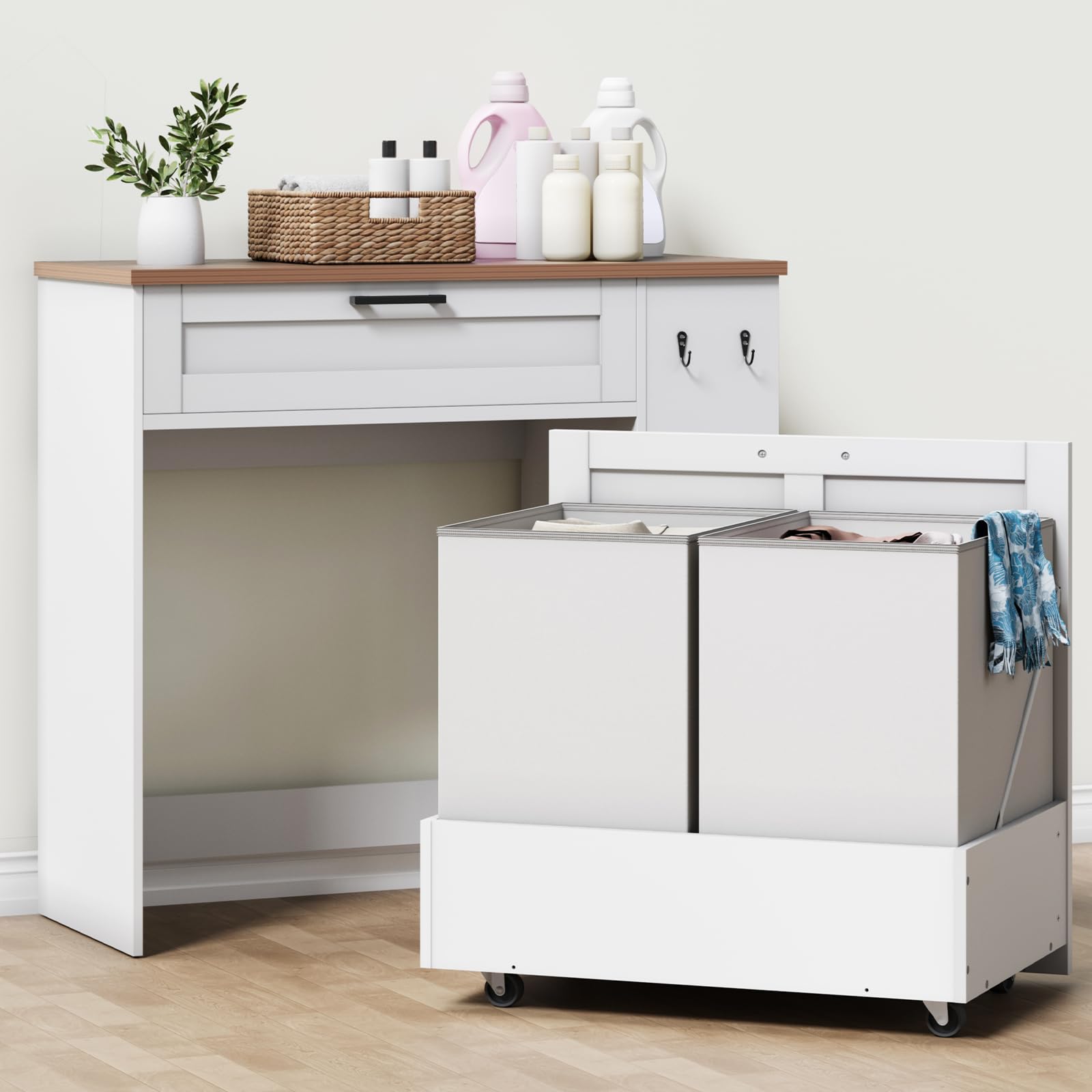 Armario de lavandería con 2 cestas extraíbles para la colada, cajón de almacenamiento, estantes ajustables y ganchos para baño, lavadero y cocina, color blanco y nogal