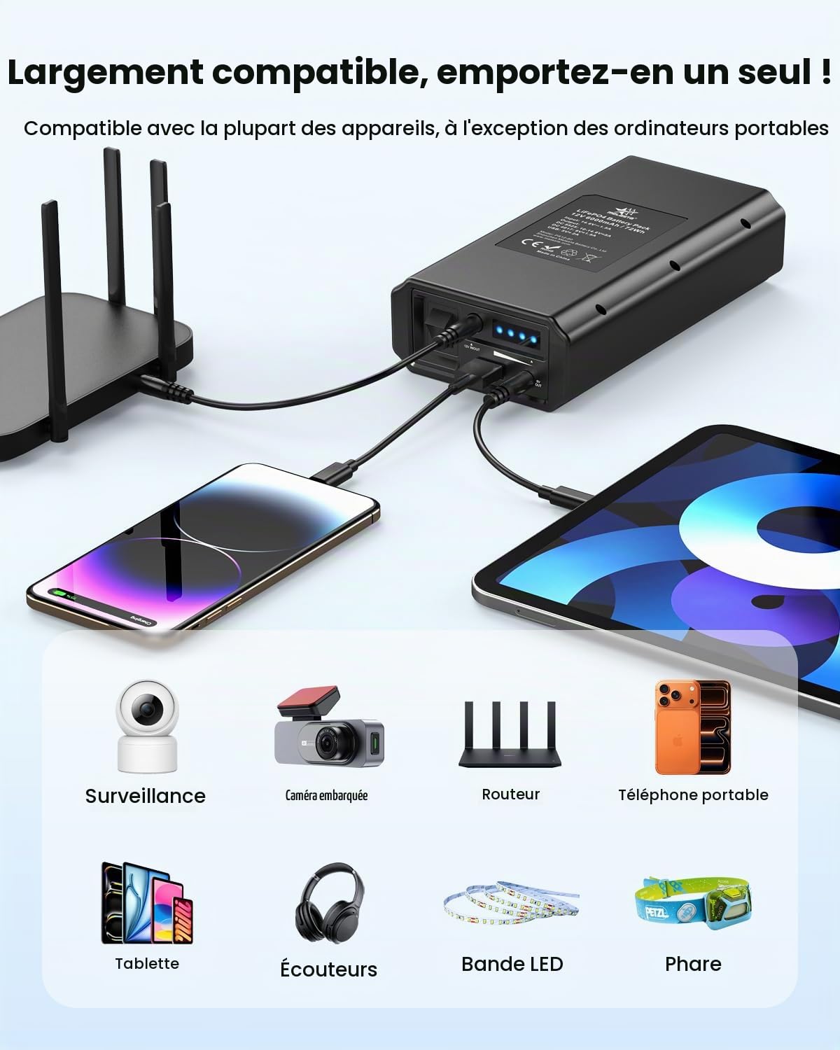 melasta 6000mAh Batterie Externe, Pack Batterie Ont 12V Porte DC in/Out Équipement et 9V Porte DC Out et USB-A Équipement, Power Bank pour Smartphone, Bande LED, Caméra de Surveillance