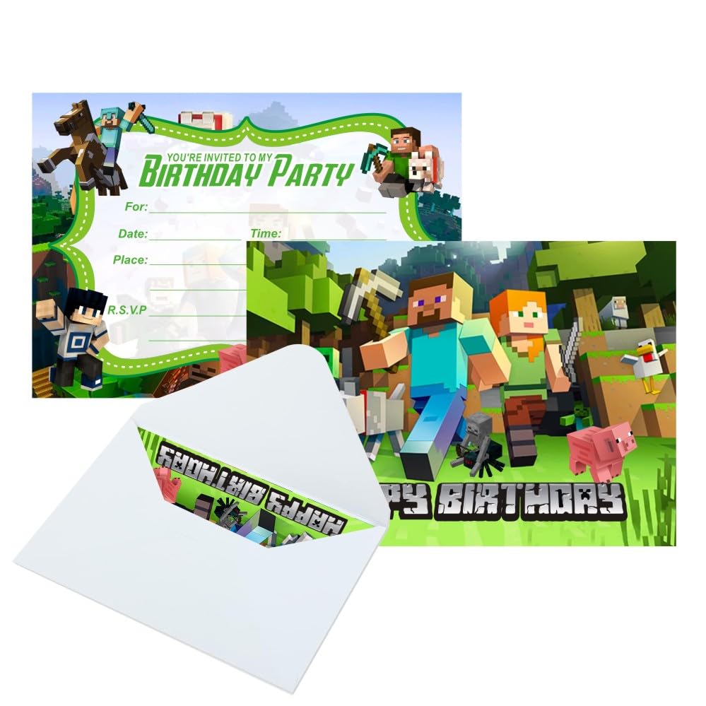 EKIH 16pcs pixel Birthday lnvitation Cards Gift Cards with Envelopes for pixel Theme Party Supplies
