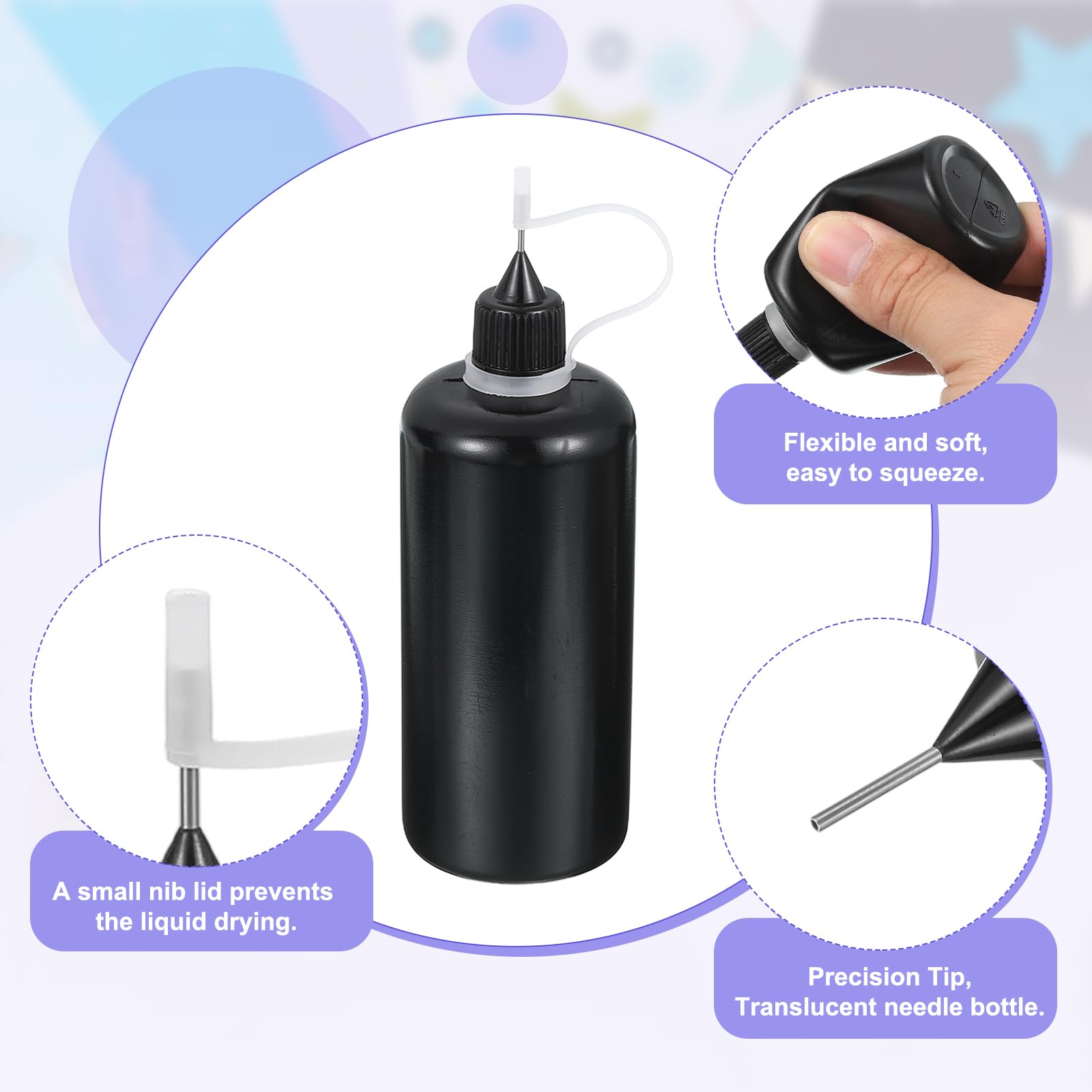 MECCANIXITY 15 flaconi da spremere con punta ad ago, 100 ml, in plastica, per colla liquida, lavori con carta, pittura, olio, inchiostro (nero, con 15 imbuti)