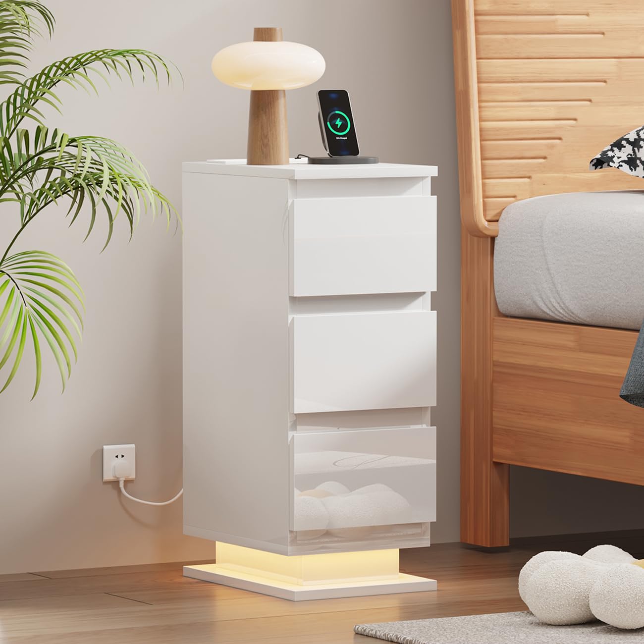 Bedside Table with 3 Storage Drawers, Slim Nightstand Cabinet with Charger Station LED Light for Bedroom, Small Living Room End Table Side Table with Power Outlets and USB Ports, High Gloss White