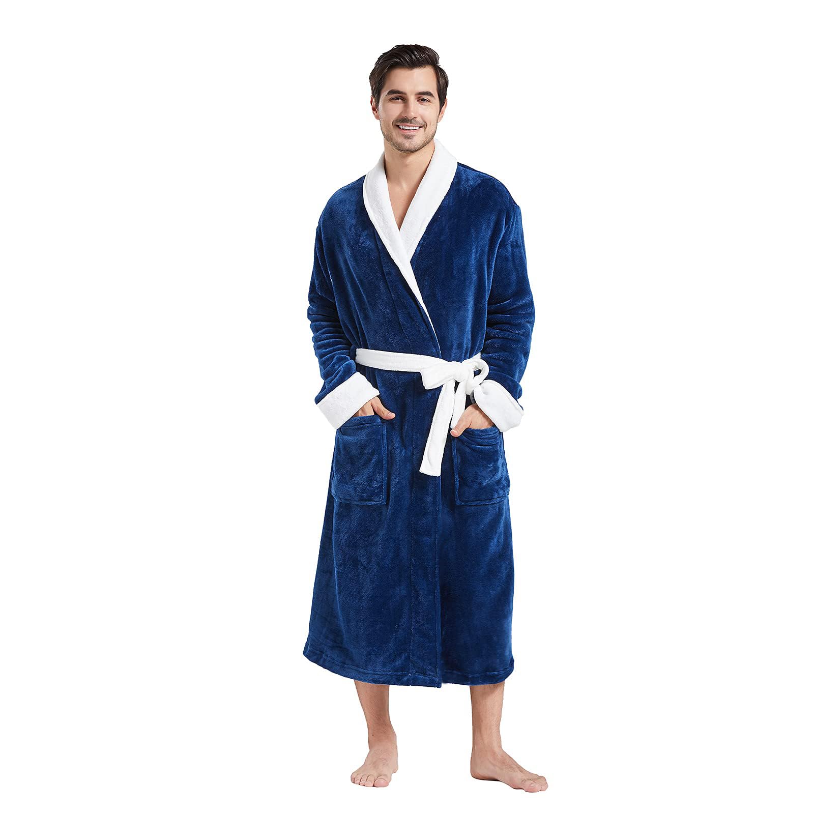 FashGudim Mens Robe Plush Robes for Men Warm Soft Fleece Bathrobe Calf Length Shawl Collar Short House Robes