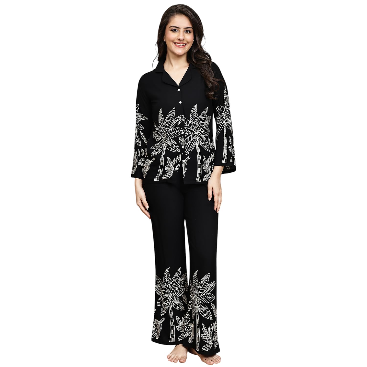 claura Women's Black Cotton Pajama Set with White Floral Print, Long Sleeve Button-Down Night Suit, 2 Piece Sleepwear-picture-31