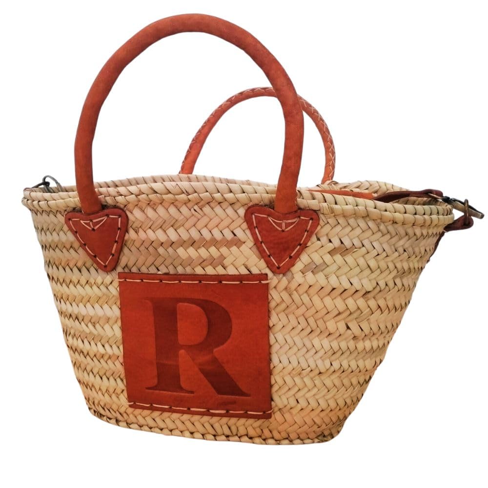 CASSABONATTA Cesta Bolso Playa con Inicial Letra A,J,N,C,I,V,R,P de Nombre,Capazo Playa Mujer con Tiras para Colgar al Hombro,bolso Cruzado,Bolso Personalizado con Cierre Piel 30x20x15