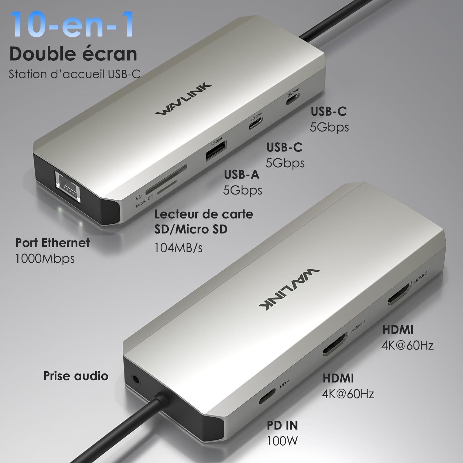 WAVLINK Station d'accueil USB C 10-en-1 pour ordinateur portable, double HDMI 4K@60Hz, ports USB A/C 3.0, emplacements SD/TF, charge PD 100W, Ethernet Gigabit, port audio, compatible with Dell/HP