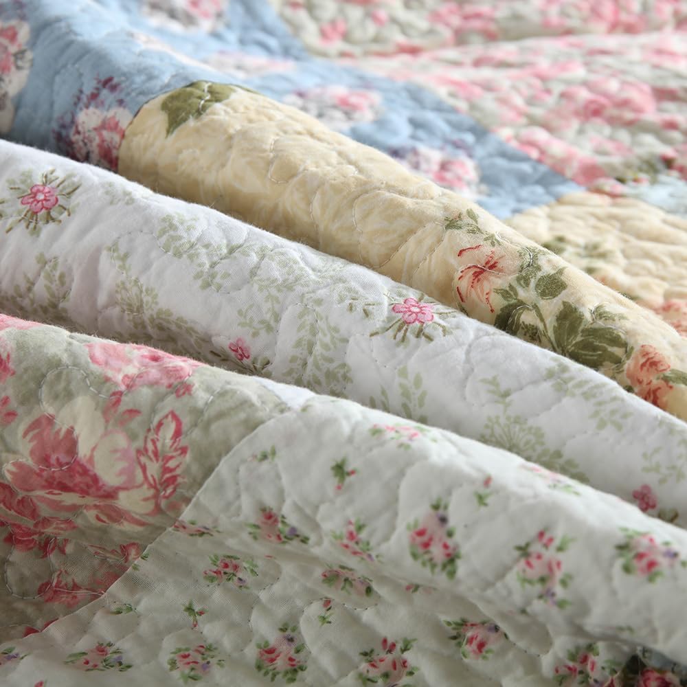 Cotton Bedspread Quilt Bedding Sets 3 Pieces Reversible Coverlet Sets Comforters Green Rose Floral Patchwork Bedspread, Queen Size - Image 8