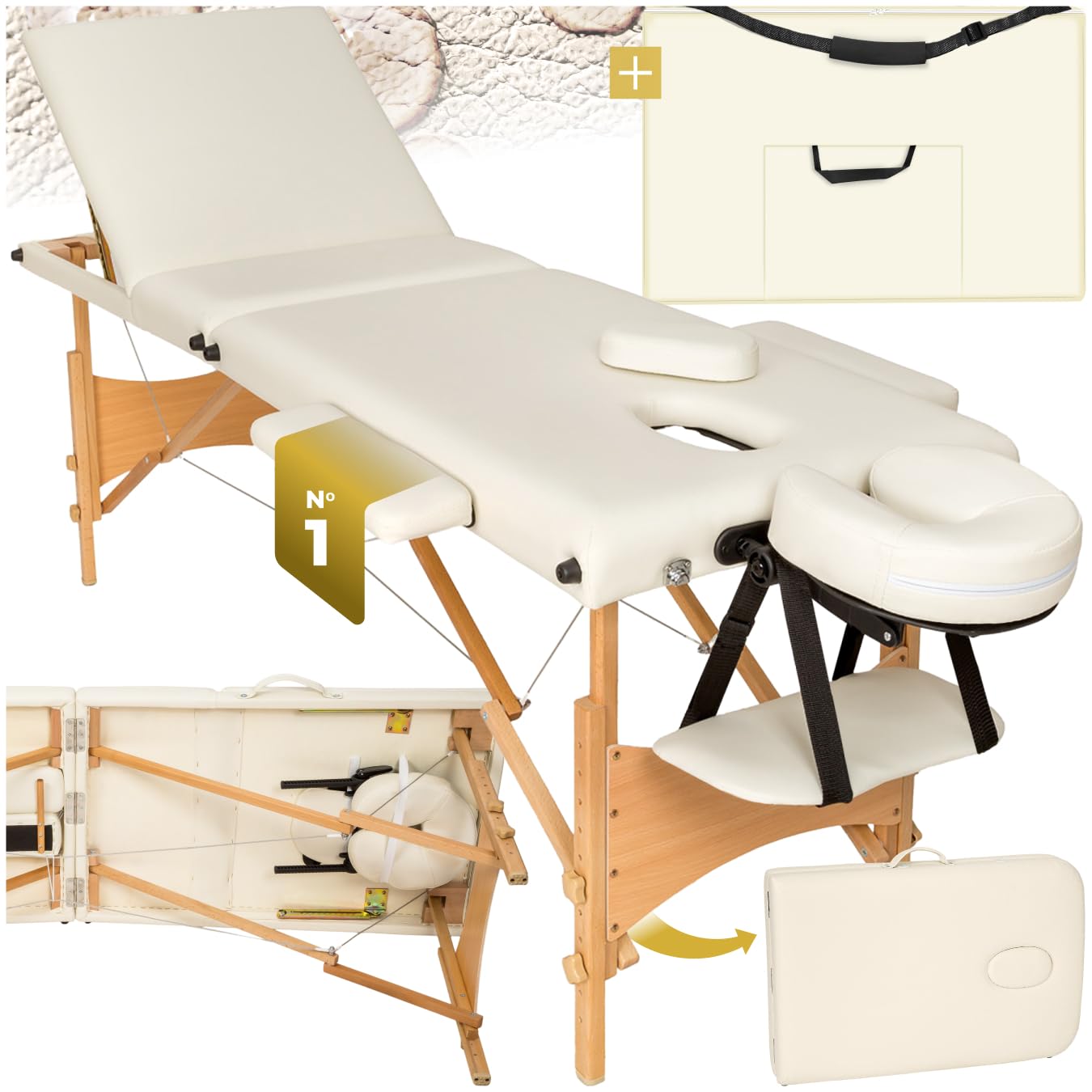 tectake® Table de Massage Pliante Professionnelle 3 Zones Massage et Relaxation Bois Table Esthetique Professionnel Cosmetique Lit de Massage Portable Repose Bras & Housse de Transport - Beige