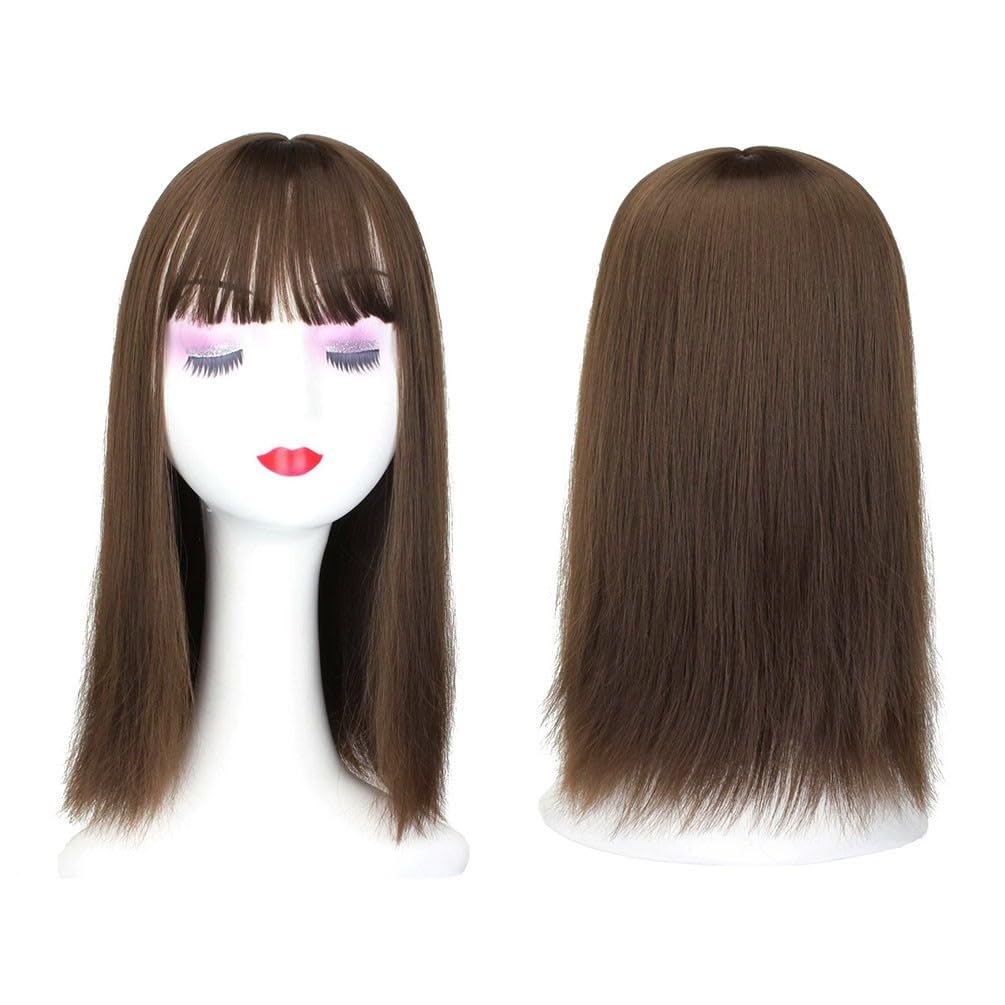 Silk Straight Hair Topper Thick Bangs 16inch Clip in One Piece Invisible Wiglet Head Top Replacement for Women Hair Loss (Light Brown) - Image 3