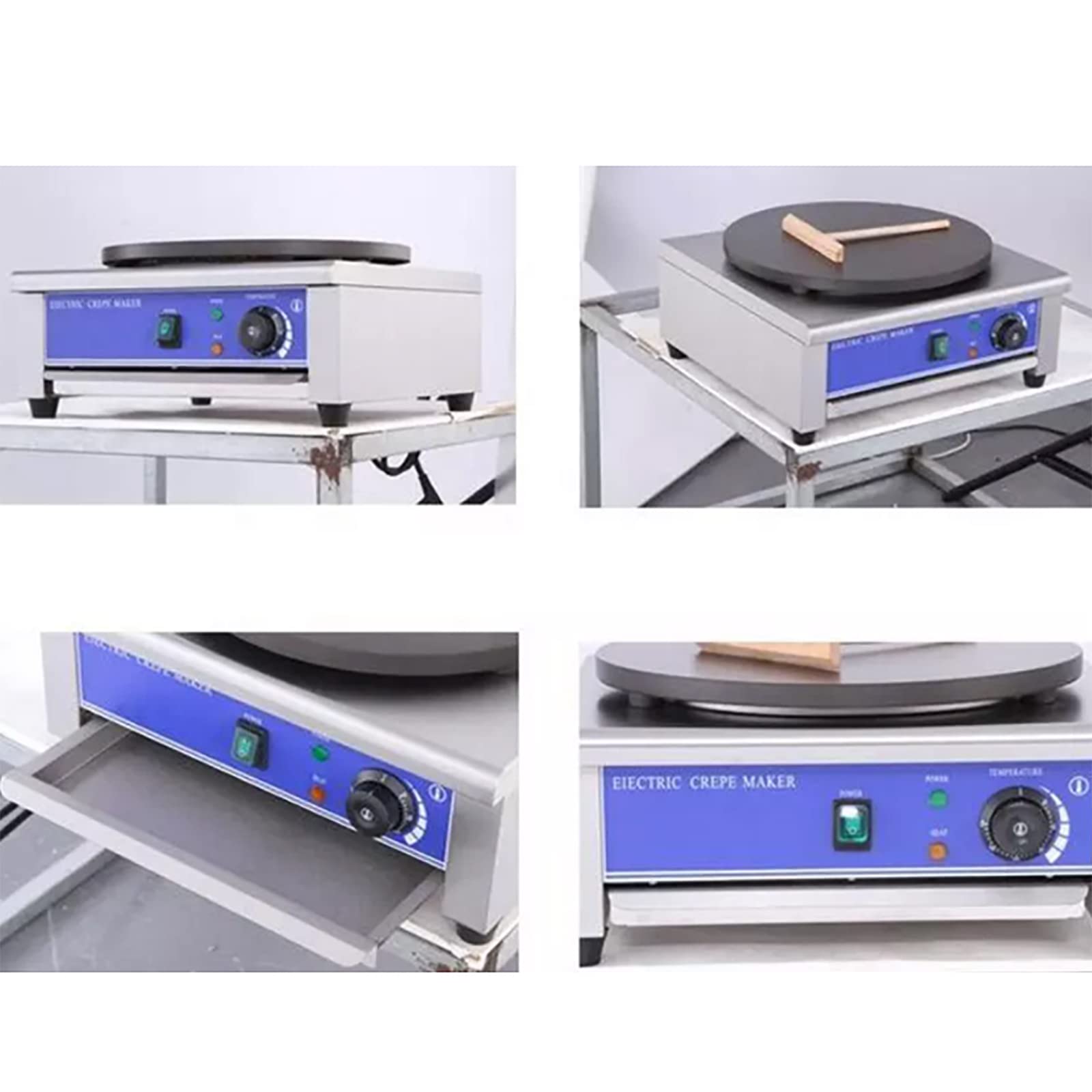 Crepera eléctrica comercial con placa calefactora de 15.7 pulgadas, potencia de 2.8 kW, temperatura ajustable de 50 a 300 °C, incluye esparcidor de masa para uso profesional