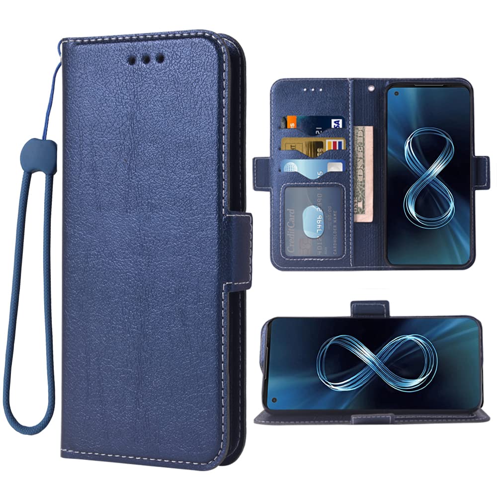 WWAAYSSXA Compatible with Asus ZenFone 8 Wallet Case Wrist Strap Lanyard and Leather Flip Card Holder Stand Cell Accessories Mobile Folio Purse Phone Cover for ZenFone8 ZS590KS Women Men Blue