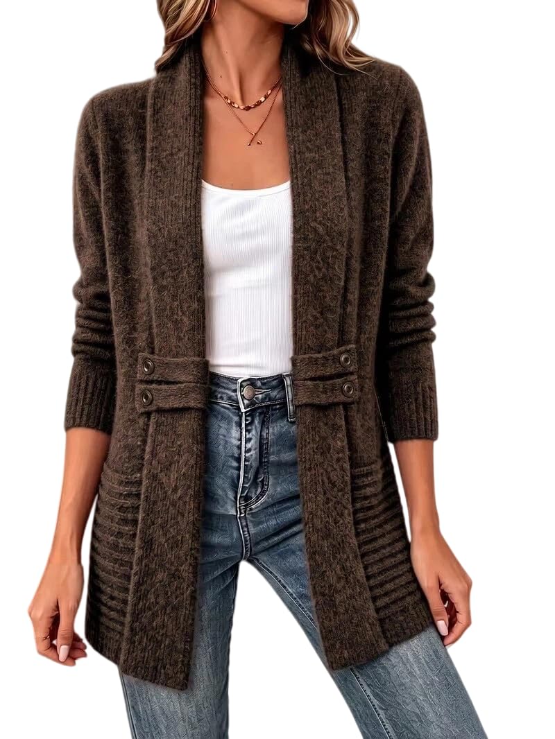 Gilet Long pour Femme Col Châle Ouvert sur Le Devant Veste en Maille Mi Longue Manteau Pull Léger et Décontracté Trench Coat en Maille pour Femme Veste De Mi Saison À Porter Au Quotidien