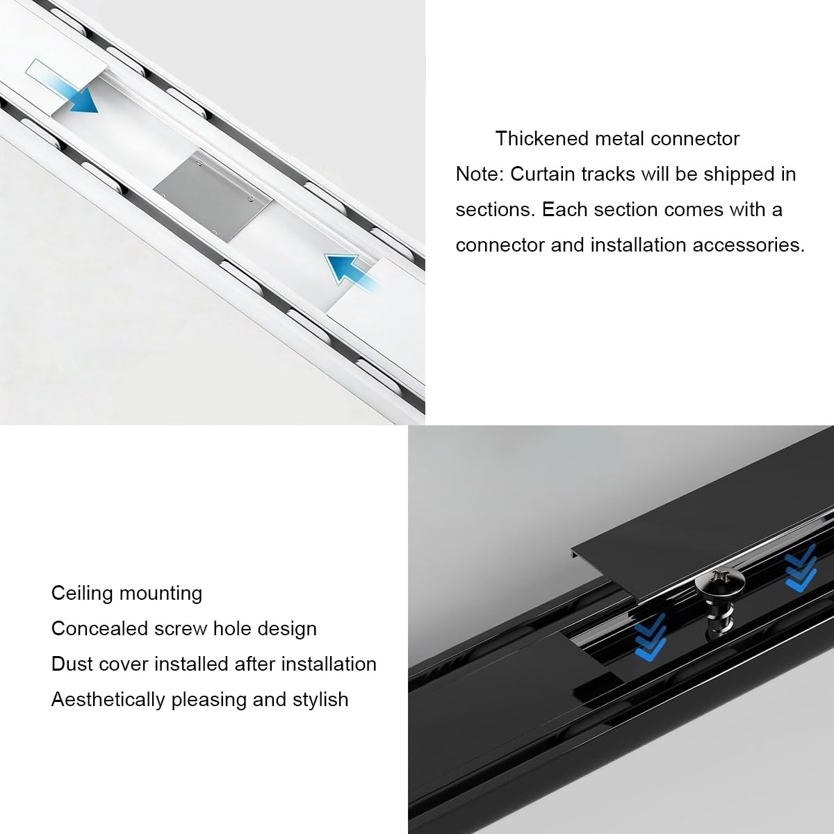Rail de rideau de plafond à double rangée ultra-fin, silencieux, pour salon et chambre à coucher, raccords complets en aluminium, 6,2 m, noir