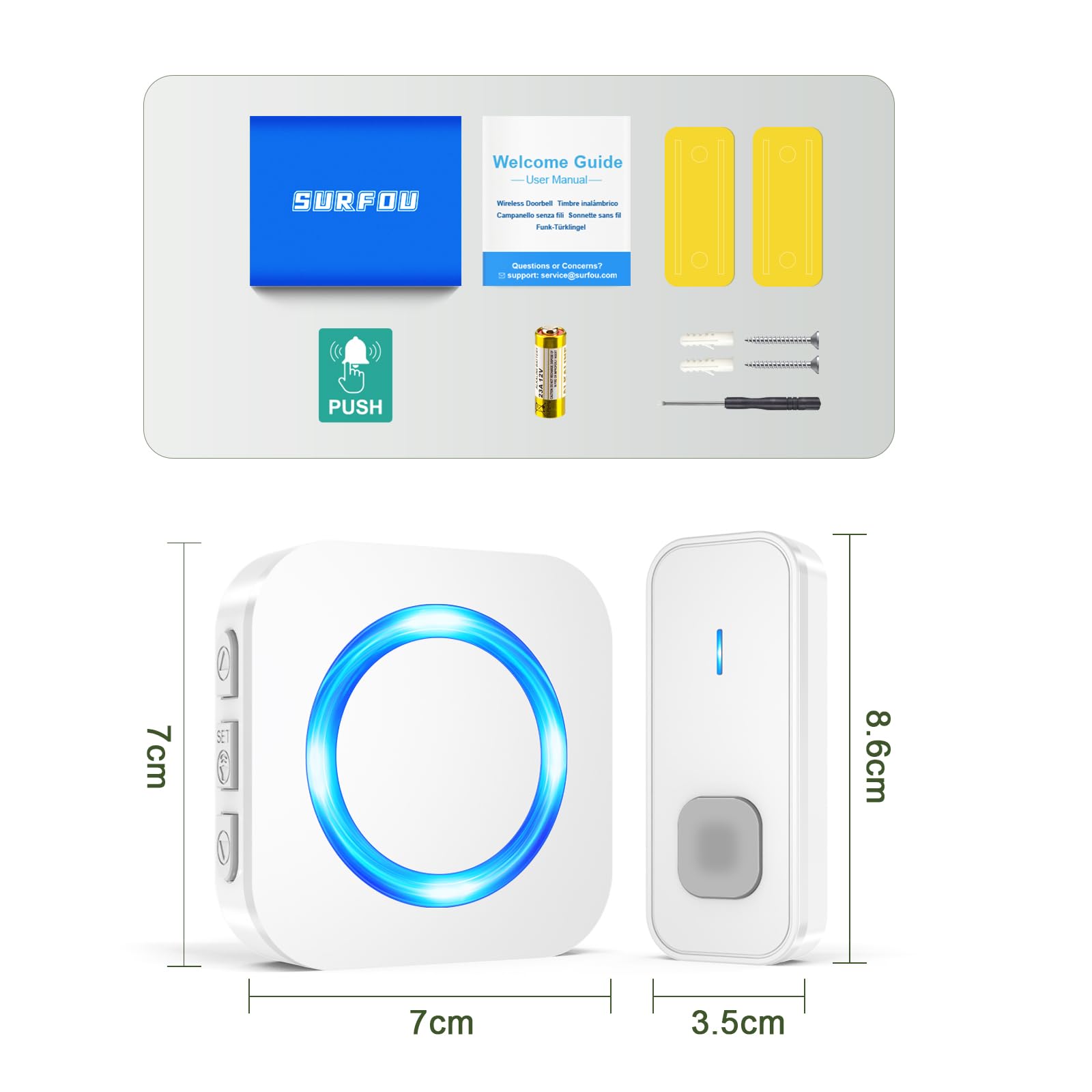 SURFOU Campanello Senza Fili Impermeabile Esterni, Campanello Rumoroso Wireless Lunga Distanza di 400m per la Casa, 5 Volumi, 55 Suonerie, Indicatore LED (3 ricevitore bianco + 1 trasmettitore bianco)