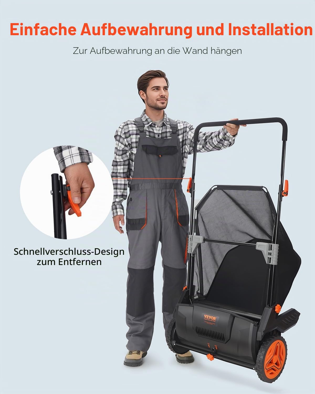 VEVOR Rasenkehrer 54 cm Rasenkehrmaschine Manuell 99L Fassungsvermögen des Fangkorbs Laub- und Rasensammler Spindelmäher 112x67x90cm Handspindelmäher verstellbar zum Aufkehren von Laub Grasschnitt
