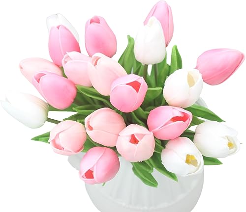 Miniatura 10 de ALIERSA Ramos de flores artificiales de tulipanes de tacto real para decoración del hogar, 10 cabezas (verde azulado oscuro)