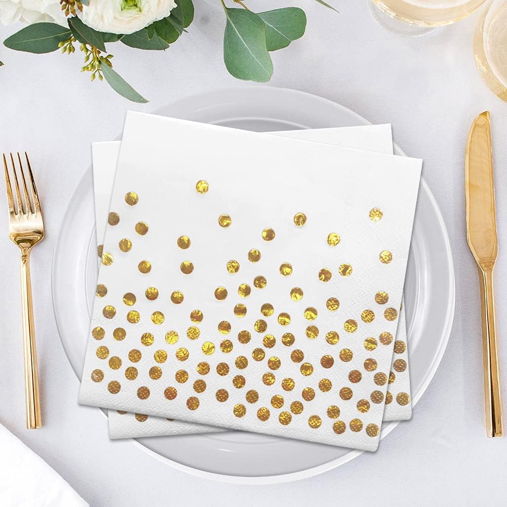 White Gold Paper Napkins - 40PCS Cocktail Napkins Serviettes for Birthday, Golden Wedding Anniversary, Baby Shower, Bridal Shower with Gold Dots
