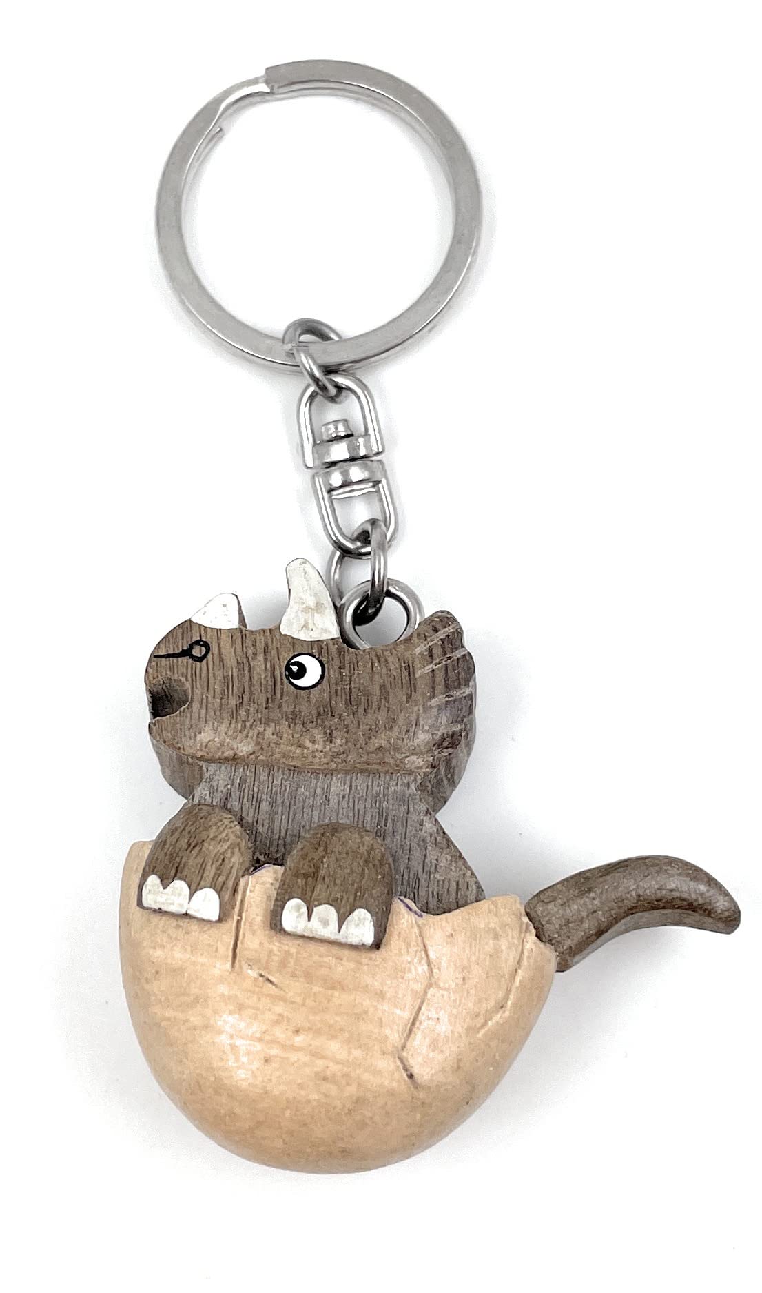 Onwomania Unisex Brown Dinosaur Triceratops In Egg Handmade Wooden Keyring Lucky Charm In Aluminium Gift Box, Ideal As A Gift, One Size