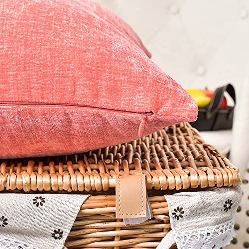 Image of CaliTime Pack of 2 Cozy Throw Pillow Covers Cases for Couch Sofa Home Decoration Solid Dyed Soft Chenille 12 X 12 Inches Living Coral