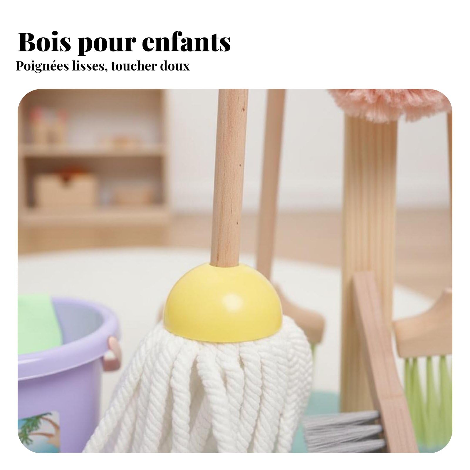 Amagogo Carrello Pulizia Bambini con Duster Scopa Paletta Spazzola Kit Gioco Educativo Struttura Legno Favorisce Sviluppo Abilità Motorie Adatto a Asilo Casa Attività Ricreative