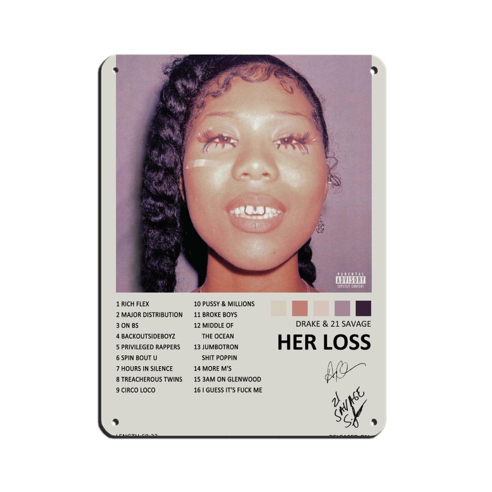 Drake 21 Savage Poster Her Loss Music Album Cover Signed Limited Poster Retro Poster Metal Tin Sign Chic Art Retro Iron Painting Bar People Cave Cafe Family Garage Poster Wall Decoration 12x16inch(30x