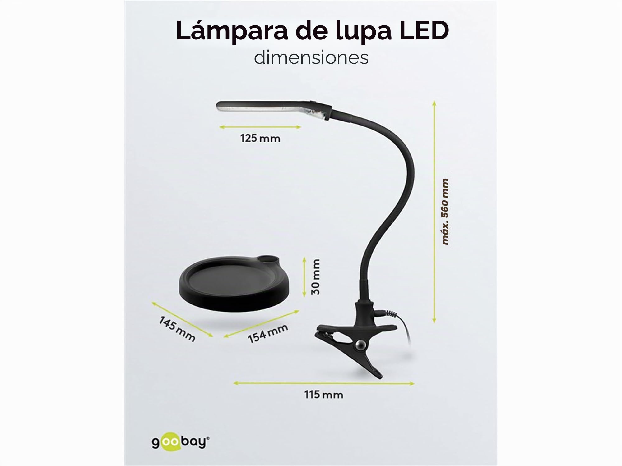 goobay 64990 Lámpara lupa LED 6W 480lm/ soporte lámpara lupa, pinza/lente cristal 100mm 1,75 aumentos/lupa trabajo cosmética, soldadura, manualidades, leer/cuello cisne/lámpara sobremesa