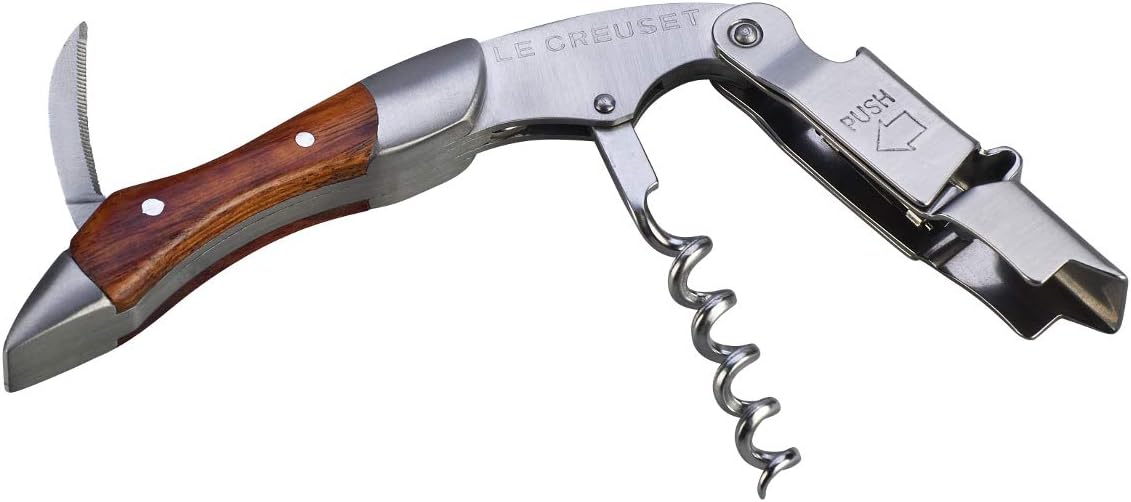 Le Creuset 3-In-One Waiters Corkscrew, Bottle Opener and Foil Cutter, For Wine or Beer, Stainless SteeLitre, Wooden Handle, Model WT-110, 59814017808074